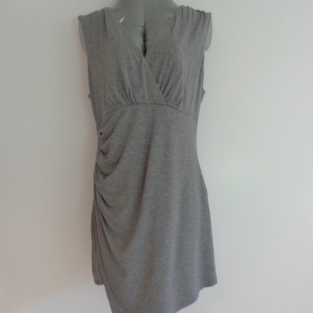White House Black Market Womens Dress Grey‎ Wrap Stretch Ruched Deep V Neck Sz L